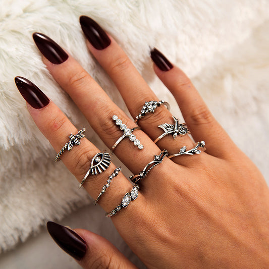 👁️  9-teiliges Ring-Set mit Krone, Ästen und Evil Eye Symbolik